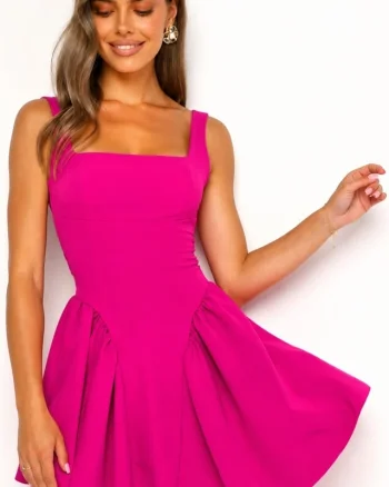 Rochie scurta babydoll MARA, cu spatele gol si funda, Fucsia, Marime S/M/L
