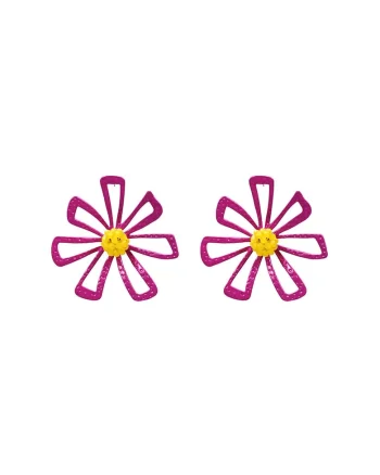 Cercei roz, forma de floare, cu margelute galbene, Traute C2,