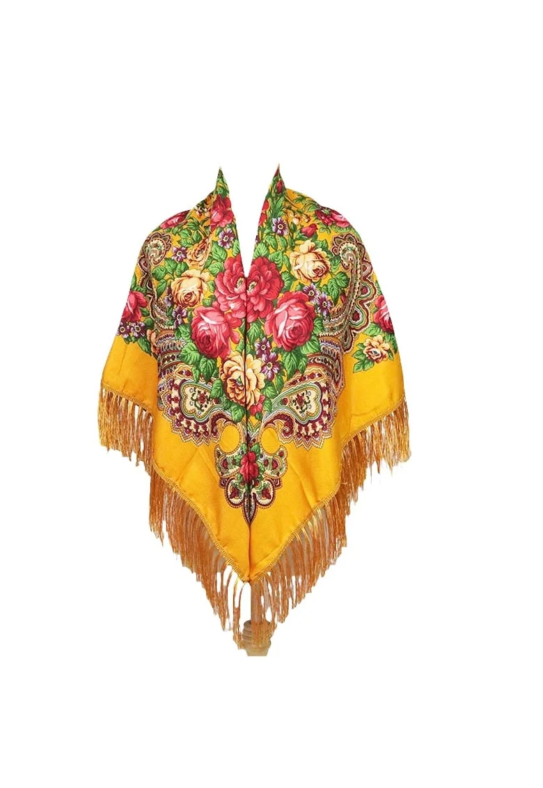 Esarfa patrata, galbena, cu franjuri si imprimeu floral, Anka C3,