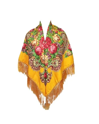 Esarfa patrata, galbena, cu franjuri si imprimeu floral, Anka C3,