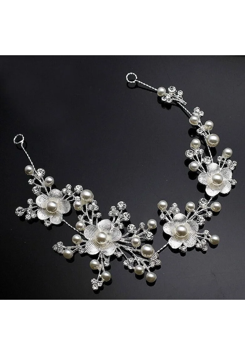 Accesoriu par, modelator, argintiu, cu floricele si perle, Annabella C4,