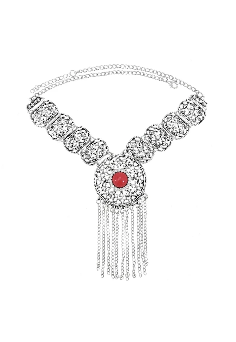 Colier argintiu, stil boho, cu franjuri si pietre, Lago C27,