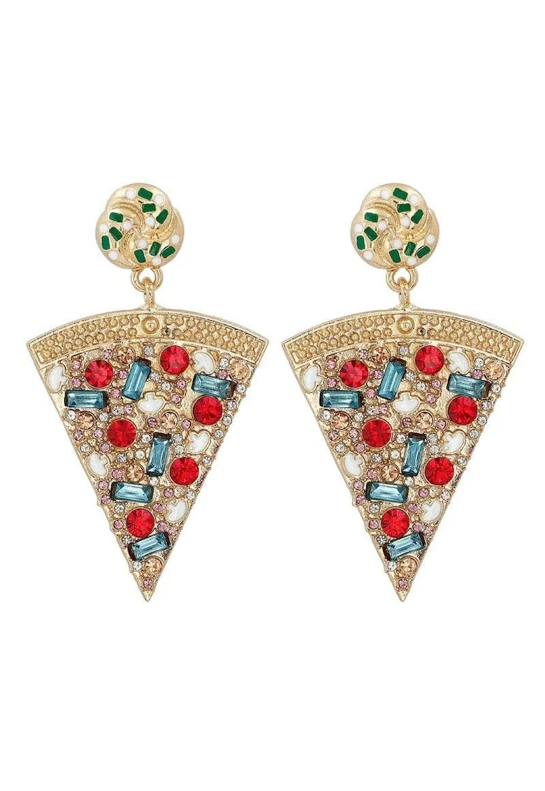 Cercei aurii, forma de felie de pizza, cu pietre, Saila C14,