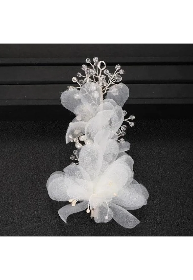 Accesoriu par, argintiu, cu flori albe si pietre, Oliwer C8,