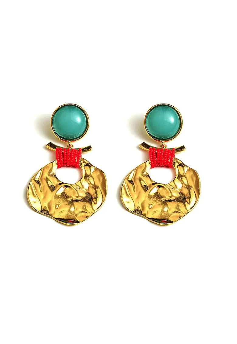 Cercei aurii, cu textura sifonata si pietre turquoise, Viviana C6,