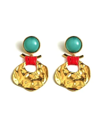 Cercei aurii, cu textura sifonata si pietre turquoise, Viviana C6,