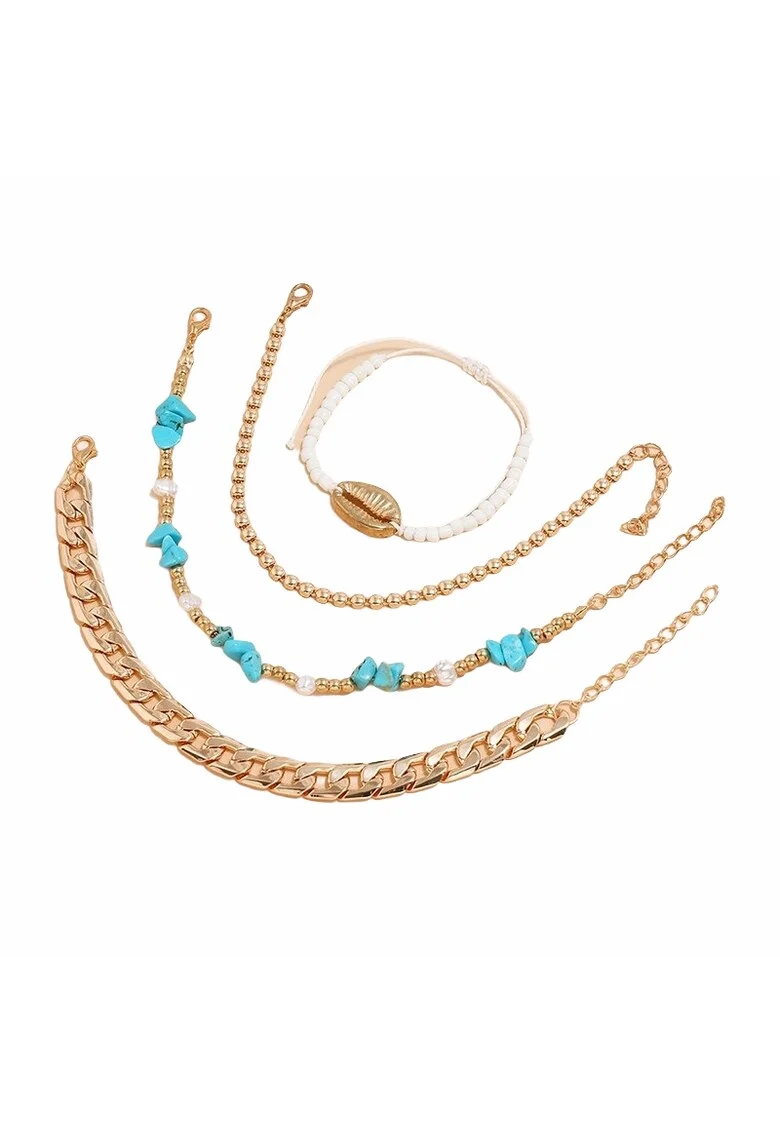 Set 4 bratari, de picior, aurii, cu pietre turquoise si scoica metalica, Birthe C8,