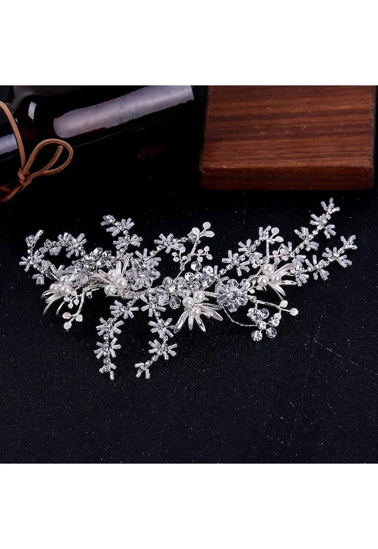 Accesoriu par, argintiu, cu floricele si pietre, Alexandra C6,