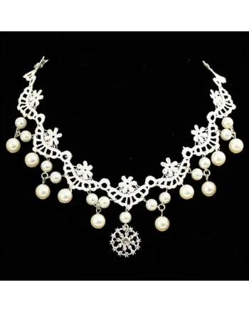 Accesoriu de frunte, argintiu, cu dantela alba si perlute, Annalise C6,