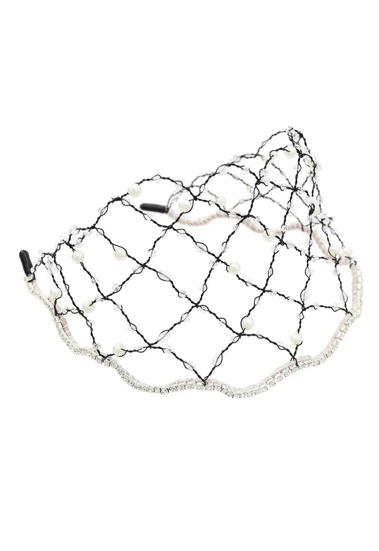 Accesoriu de cap, negru, cu plasa, perle si pietre, Aloys C7,