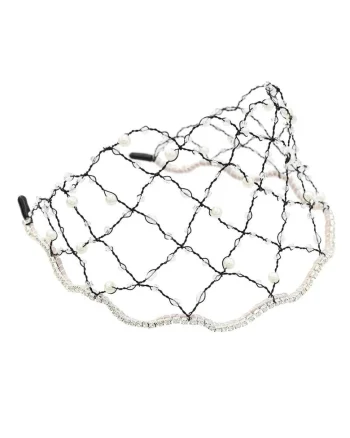 Accesoriu de cap, negru, cu plasa, perle si pietre, Aloys C7,