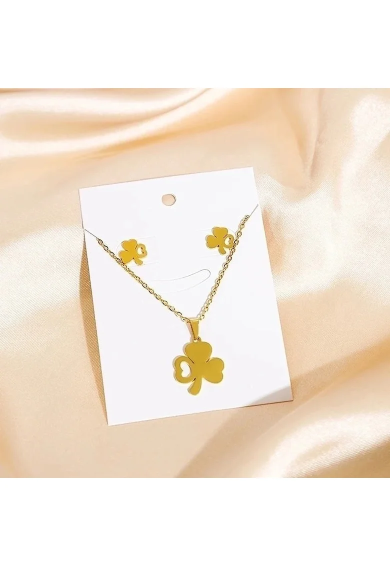 Set colier si cercei, auriu, din otel inoxidabil, suflat cu aur 18k, cu trifoi, Hella C3