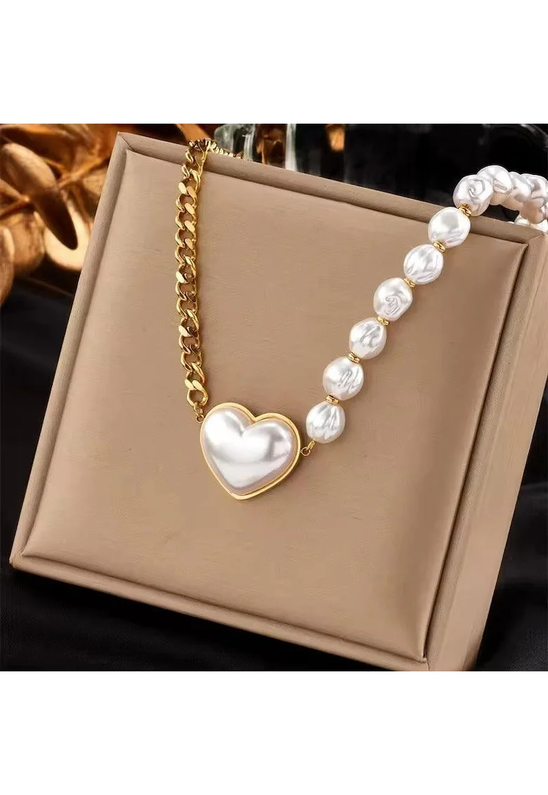Colier auriu, din otel inoxidabil, cu perle si pandantiv inima, suflat cu aur 18k, Throtti C1