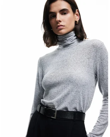 Pulover slim fit cu guler inalt, Gri deschis