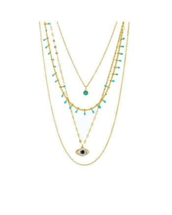 Colier auriu, in 4 straturi, din otel inoxidabil, cu margelute turquoise si pietre, suflat cu aur 18k, Ragni C5