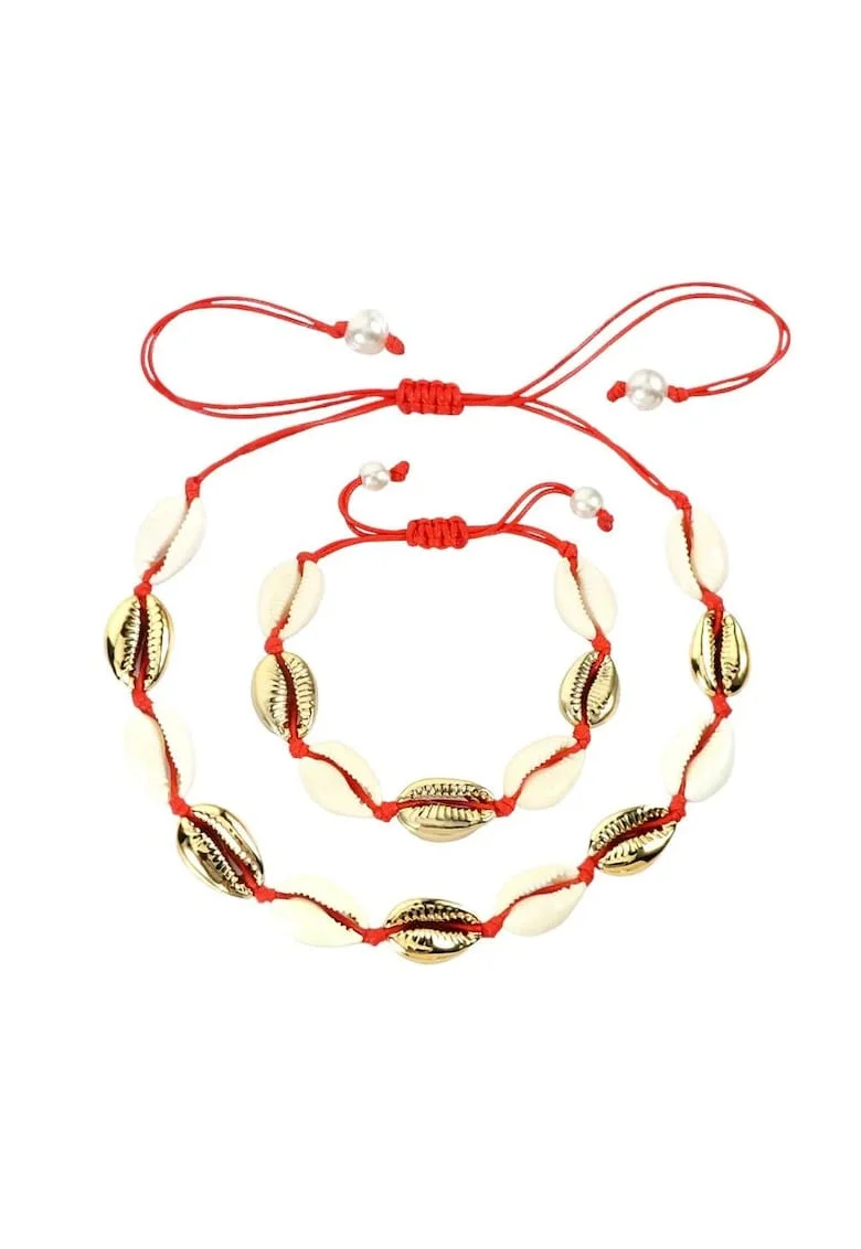 Set colier si bratara cu scoici naturale si snur, ajustabile, C4,  Rosu/Auriu