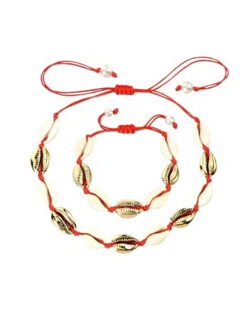 Set colier si bratara cu scoici naturale si snur, ajustabile, C4,  Rosu/Auriu