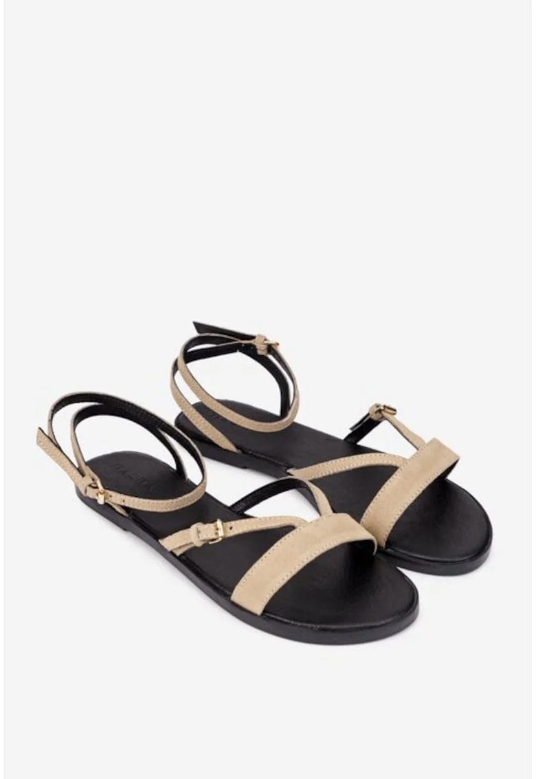 Sandale din piele intoarsa cu talpa plata, Maro taupe