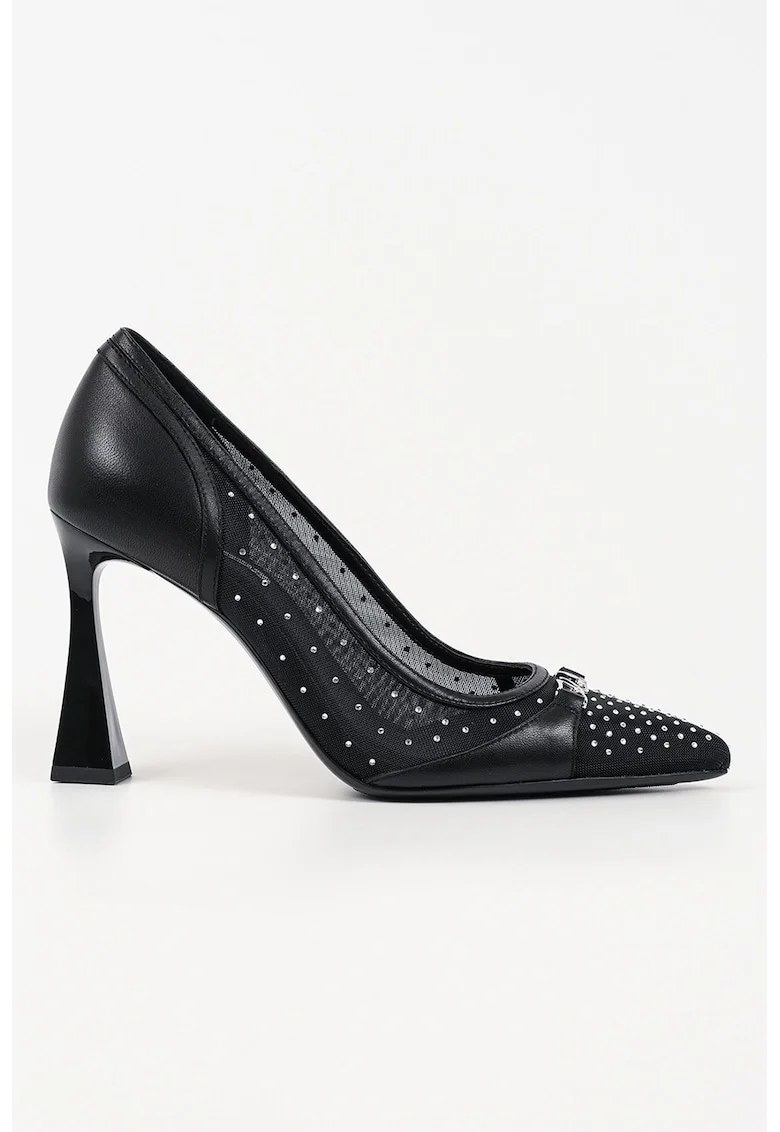 Pantofi din piele si material textil cu toc kitten, Negru/Argintiu