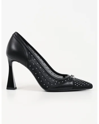 Pantofi din piele si material textil cu toc kitten, Negru/Argintiu