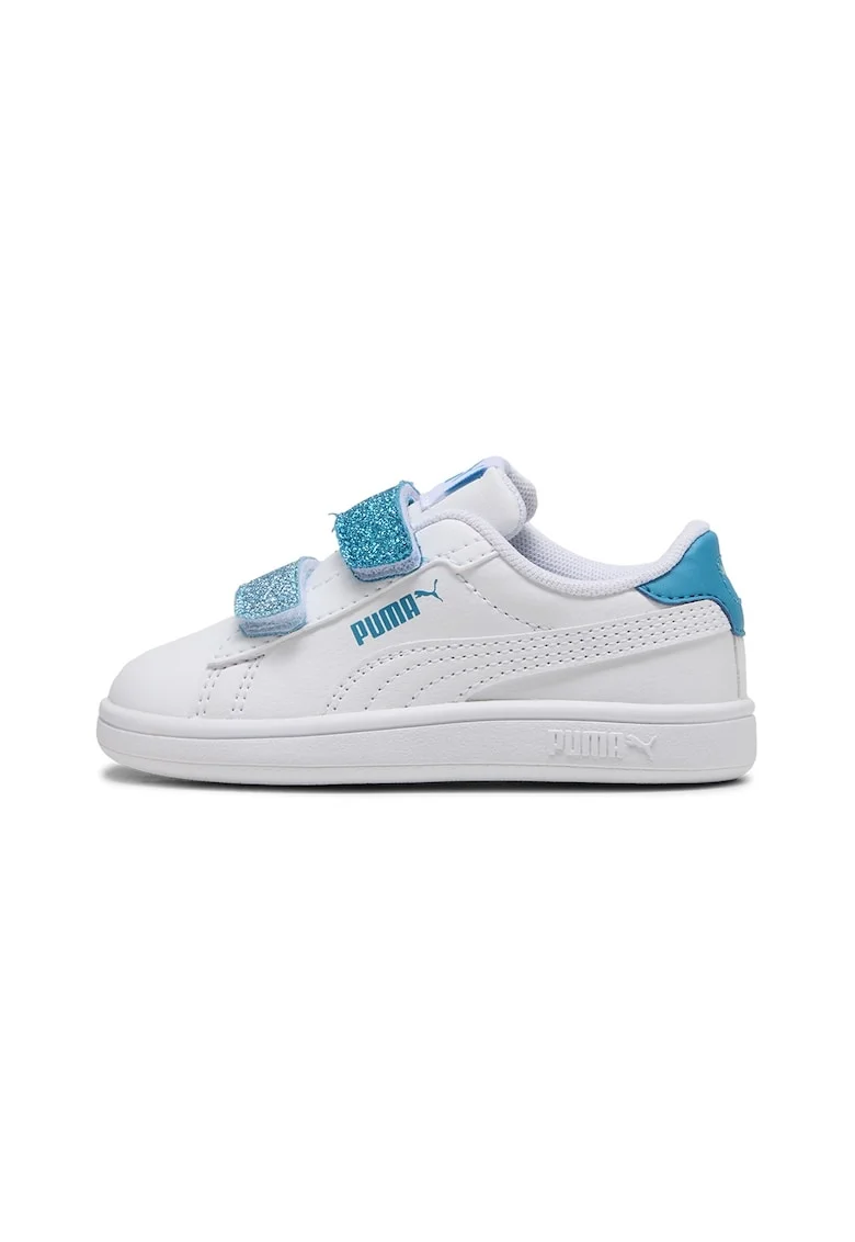 Pantofi sport Smash 3.0 de piele ecologica cu velcro si particule stralucitoare, Alb/Albastru lavanda/Albastru azur