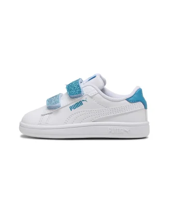Pantofi sport Smash 3.0 de piele ecologica cu velcro si particule stralucitoare, Alb/Albastru lavanda/Albastru azur