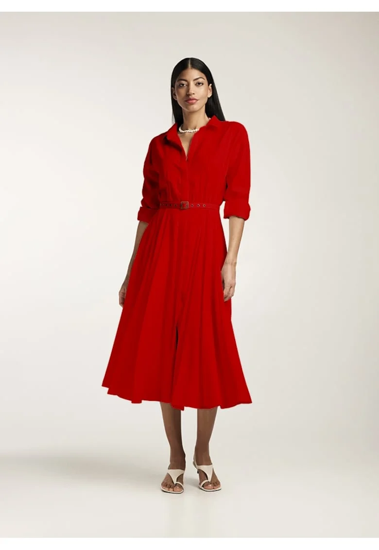 Rochie-camasa midi cu pliuri si o curea, Rosu