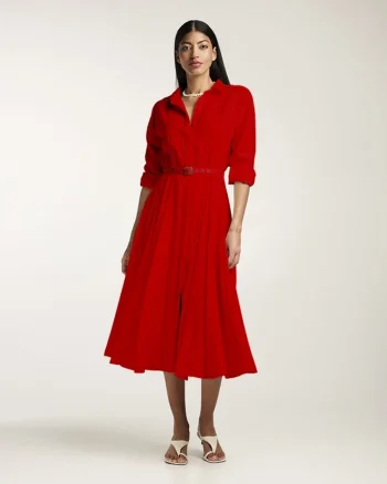 Rochie-camasa midi cu pliuri si o curea, Rosu