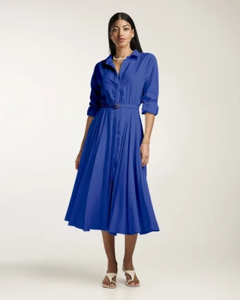 Rochie-camasa midi cu pliuri si o curea, Albastru