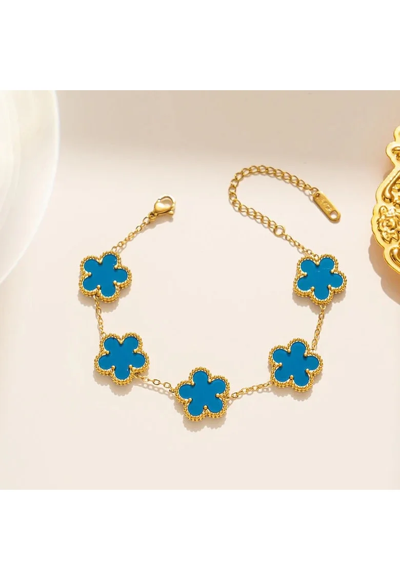 Bratara aurie, din otel inoxidabil, suflata cu aur 18k, cu floricele bleu, Iselina C5