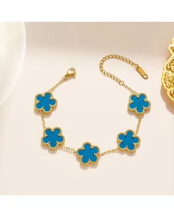 Bratara aurie, din otel inoxidabil, suflata cu aur 18k, cu floricele bleu, Iselina C5