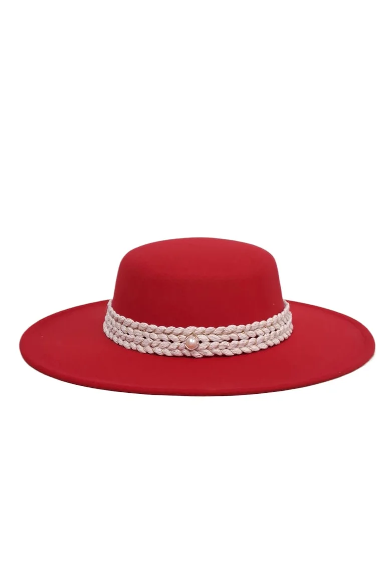 Palarie dama, rosie, stil canotiera, cu bor lat, Miranda,