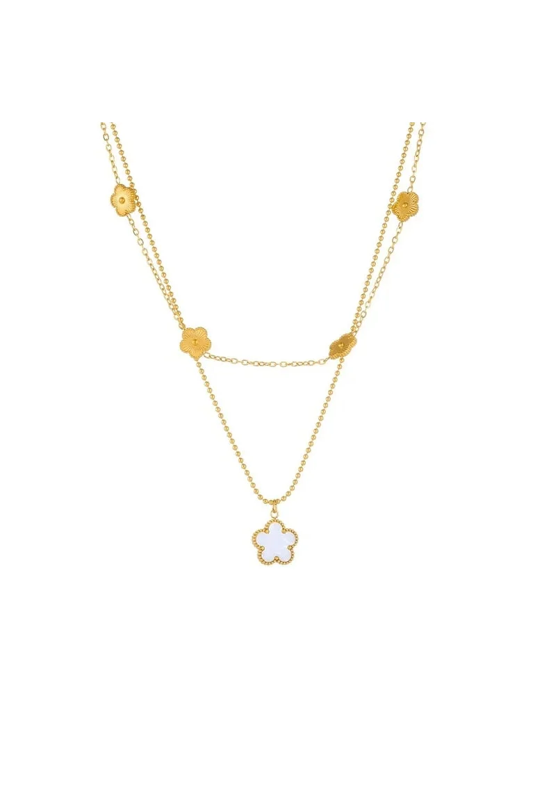 Colier auriu, din otel inoxidabil, in 2 straturi, cu pandantiv floricica, suflat cu aur 18k, Bethany C9
