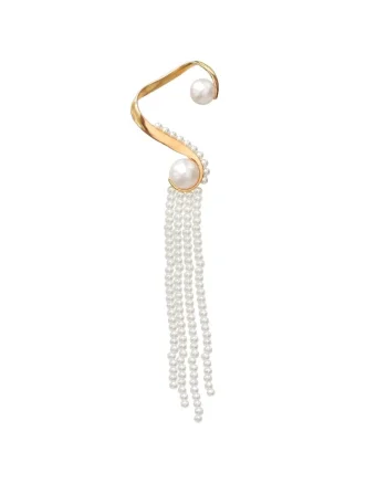 Cercel ear cuff, aurii, lung, cu franjuri din perle, Patrick C5,