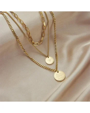 Colier auriu, din otel inoxidabil, suflat cu aur 18k, in 3 straturi, cu banuti, Doreen C12