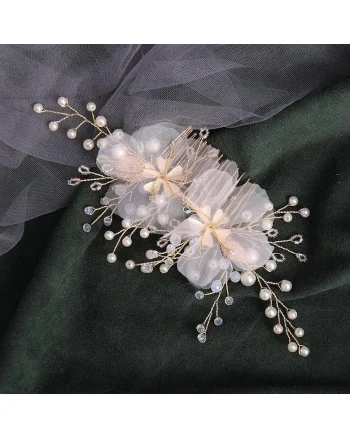 Accesoriu de par, auriu, cu flori albe si perlute, Embla C15,