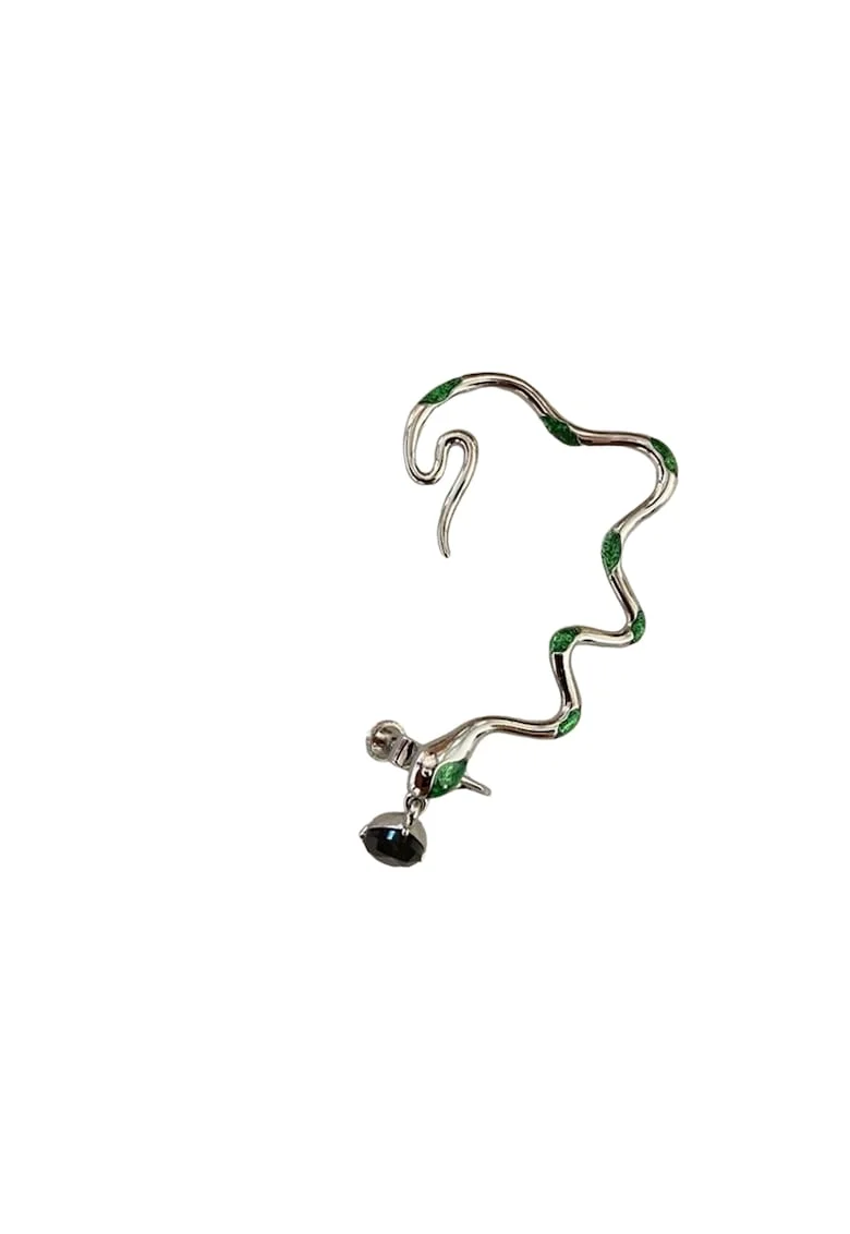 Cercel ear cuff, argintiu, forma de sarpe, cu pietre verzi, Gaida C5,