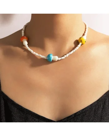 Colier auriu, cu perlute si piese in forma de ciupercute, Justina C12,