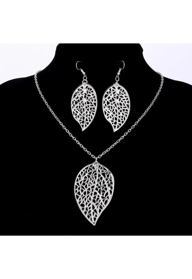 Set colier si cercei, argintiu, forma de frunze, Kadia C12,