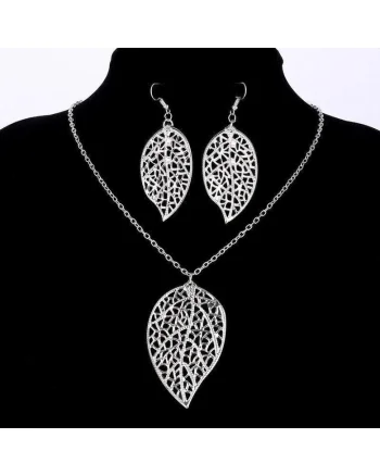 Set colier si cercei, argintiu, forma de frunze, Kadia C12,