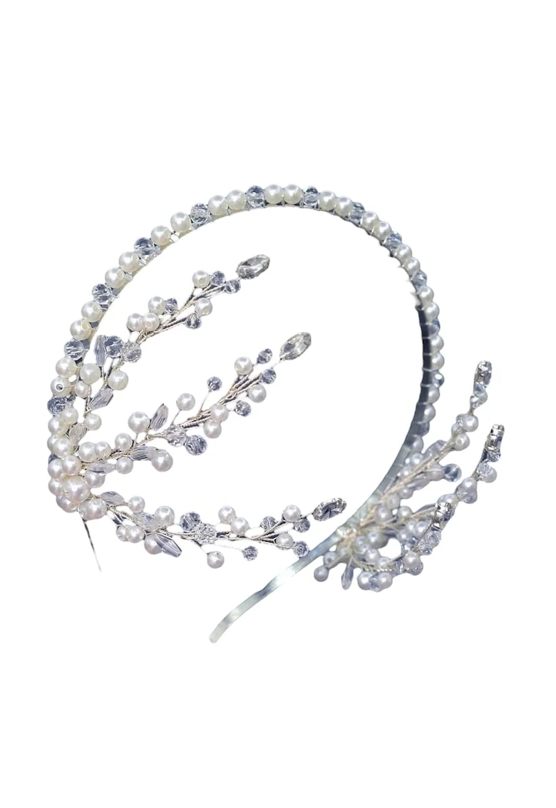 Accesoriu de par argintiu, cu frunzulite laterale, cristale si perle, Bartha C2