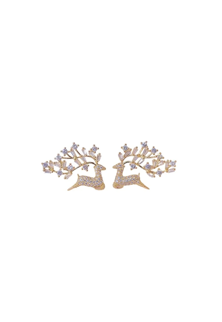 Cercei aurii, suflati cu aur 14k, forma de cerb, cu pietre din zirconiu, Lester C2,