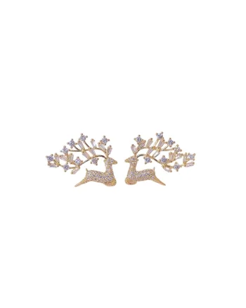 Cercei aurii, suflati cu aur 14k, forma de cerb, cu pietre din zirconiu, Lester C2,