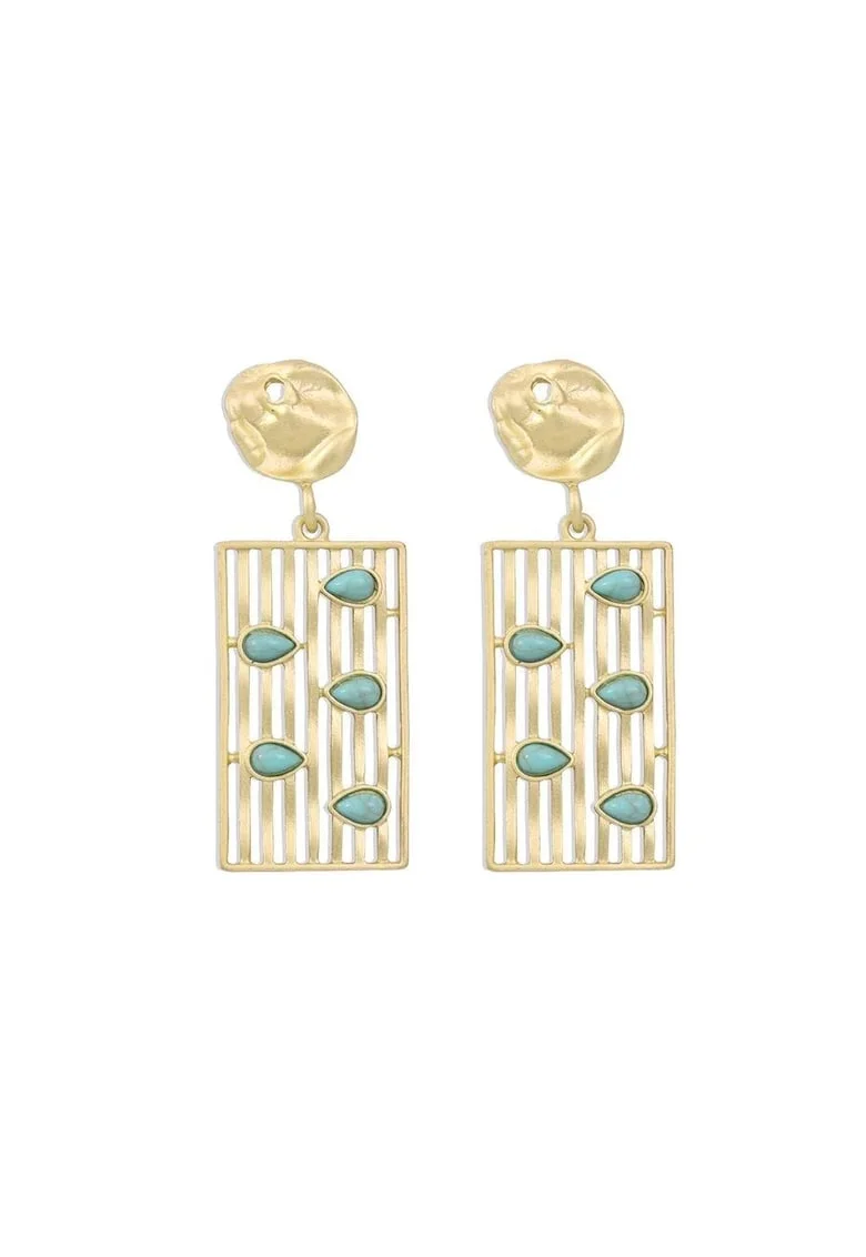 Cercei aurii, forma dreptunghiulara, cu pietre turquoise, Raisa C10,