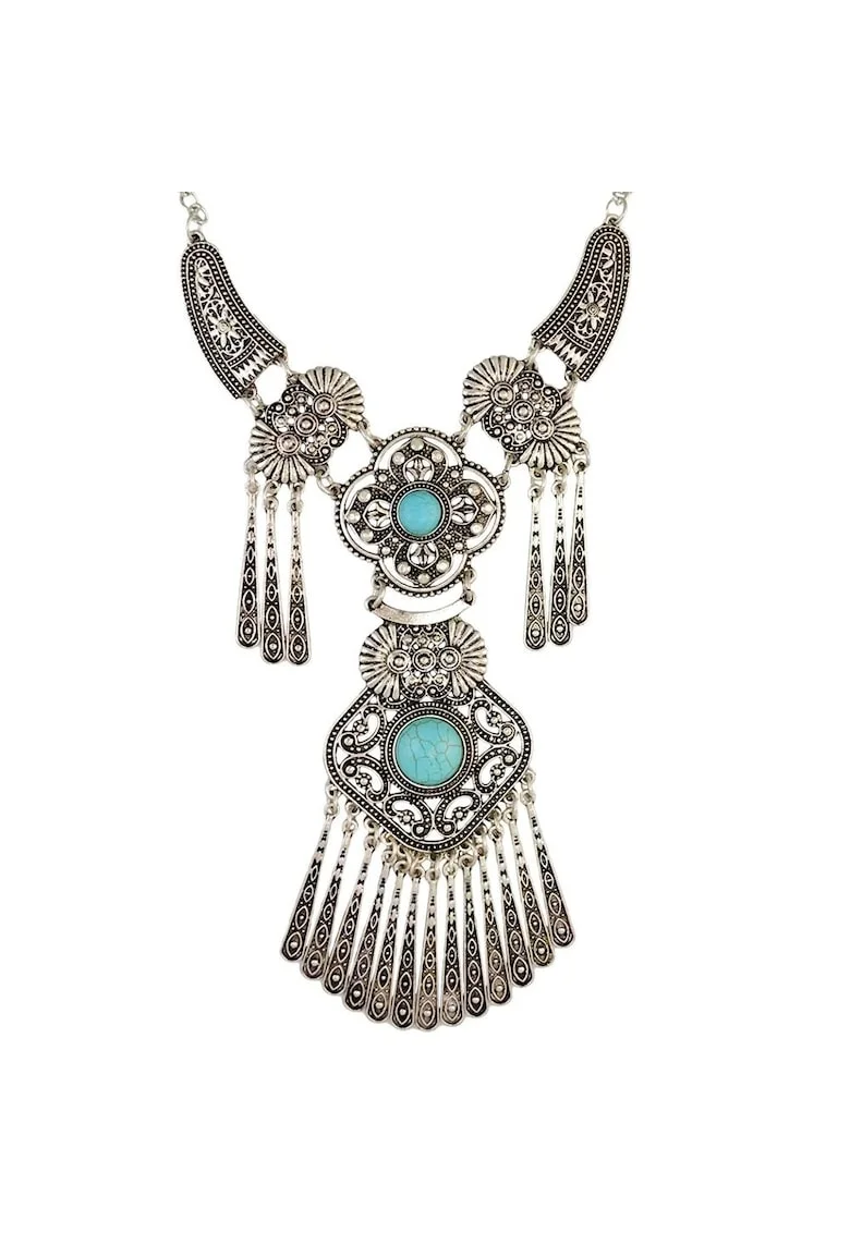 Colier argintiu, cu pietre turquoise, Sarika C12,
