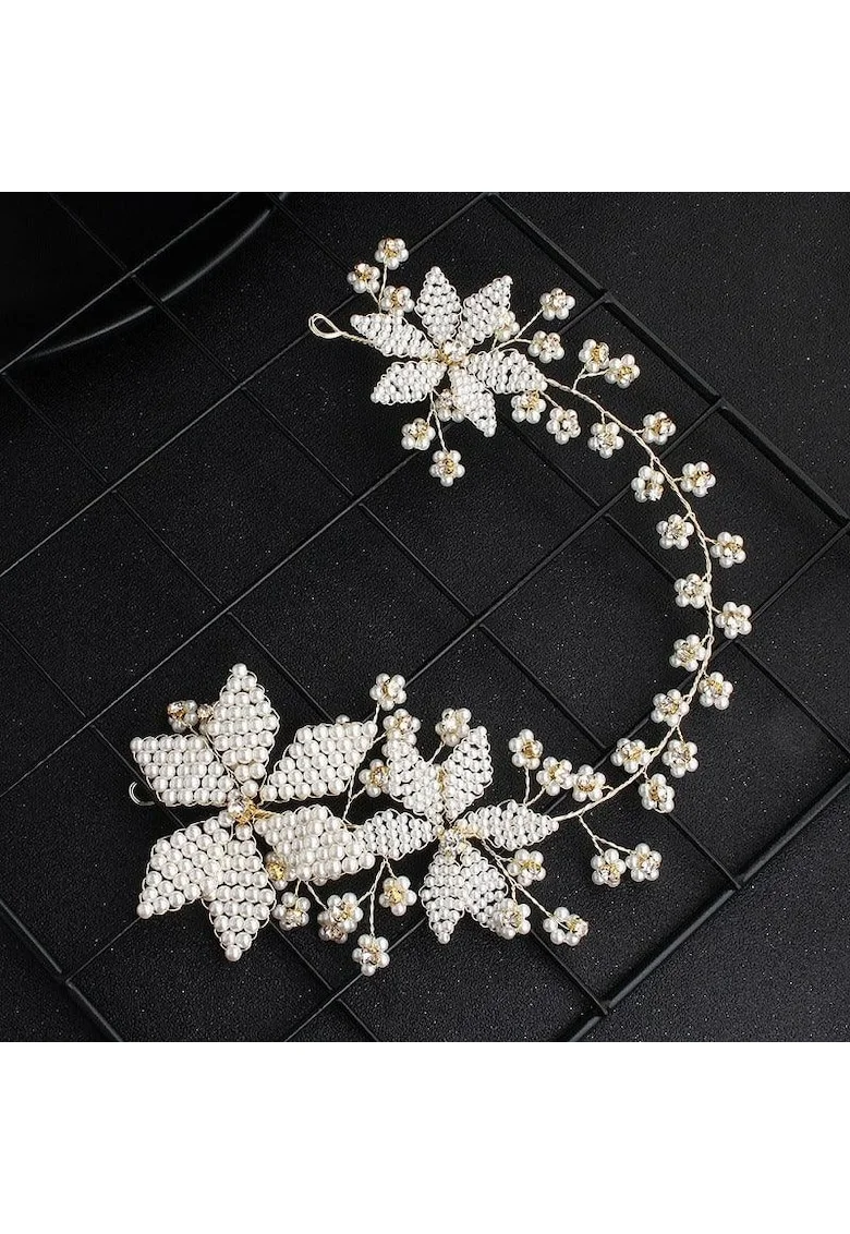 Accesoriu de par, auriu, cu flori si perlute, Clausine C1,