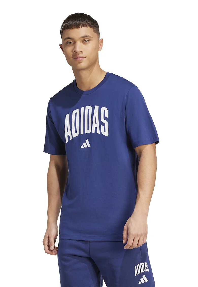 Tricou lejer de bumbac cu imprimeu logo, Albastru inchis/Alb optic