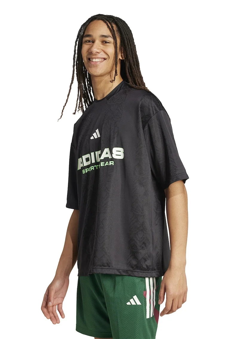 Tricou cu decolteu la baza gatului si imprimeu logo, Verde lime/Gri antracit