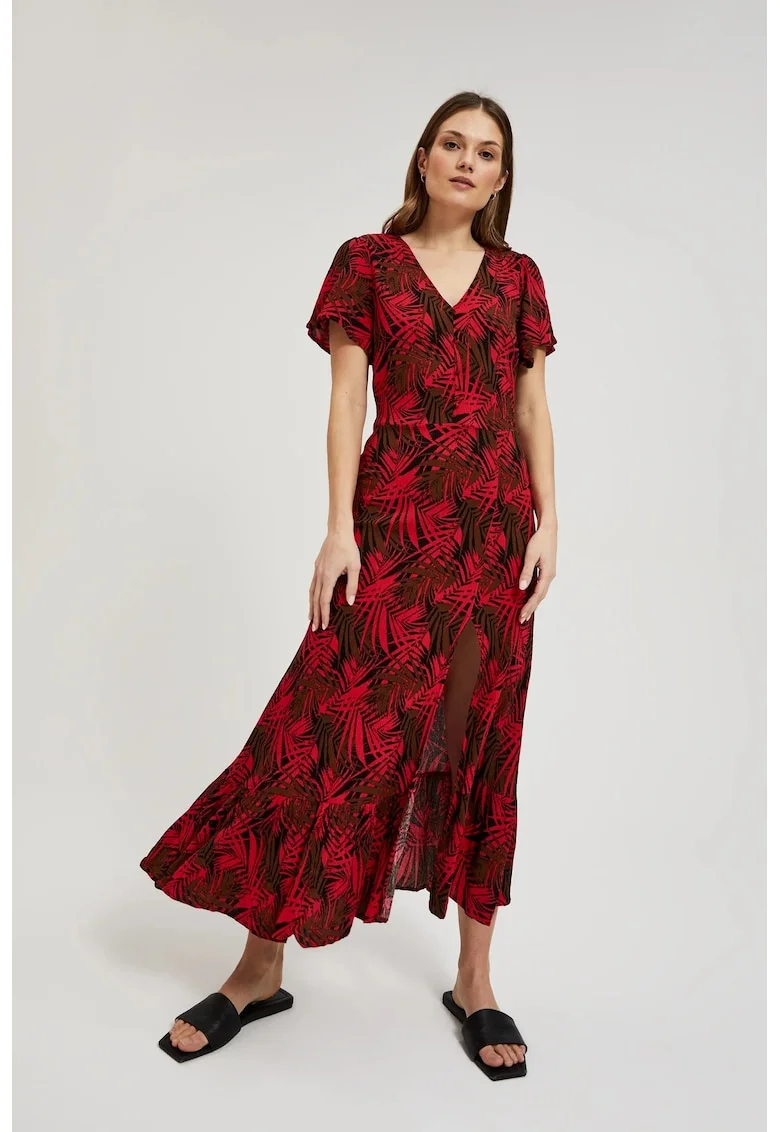 Rochie cu decolteu in V si imprimeu tropical  L-SU-4345, Rosu