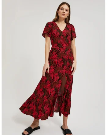 Rochie cu decolteu in V si imprimeu tropical  L-SU-4345, Rosu